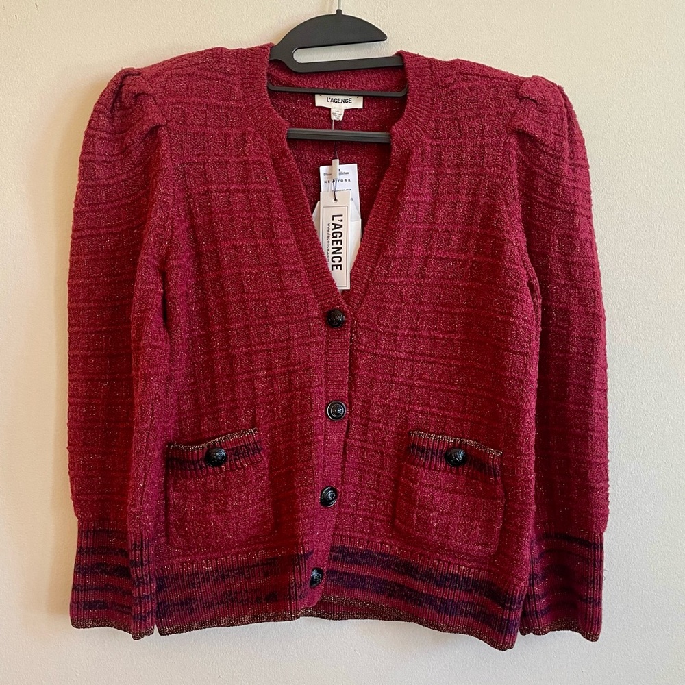 L’AGENCE NWT Jenni Striped Button Front Cardigan Large waffle knit puff sleeves - Picture 3 of 12
